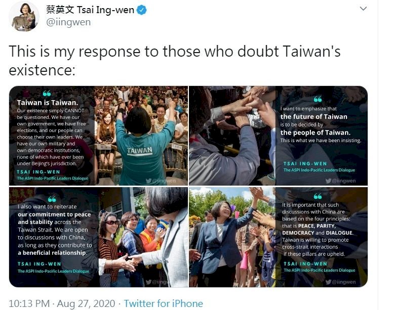 Twitter của Tổng thống Thái Anh Văn đăng tải 4 tấm ảnh đáp trả: sự tồn tại của Đài Loan là không có gì phải bàn cãi
