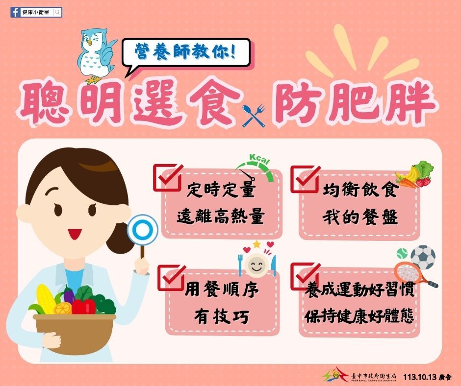 Tránh xa béo phì bắt đầu từ việc lựa chọn thực phẩm. Cục Y tế Đài Trung đưa ra ba lời khuyên để lựa chọn thực phẩm lành mạnh